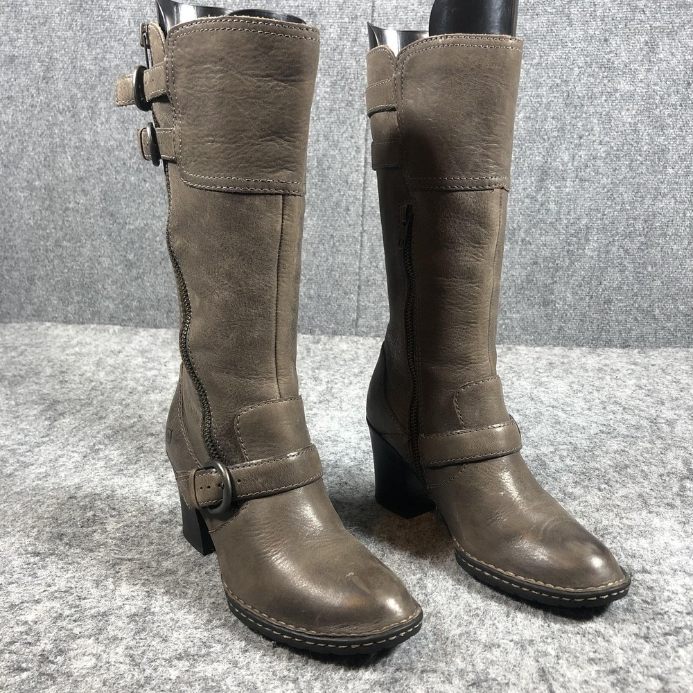Born‎ B72022 Biker Boots Womens 6 Brown Taupe Leather Mid Calf Strap Zip Heel